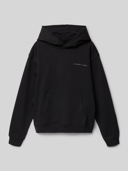 Produktfoto, Relaxed Fit Hoodie mit Logo-Print von Calvin Klein Jeans, Reine Baumwolle, schwarze Farbe, Känguru-Tasche, elastische Abschlüsse