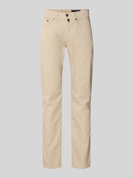 Produktfoto, jeansy Jeans mit Label-Detail Modell 'Lyon' von Pierre Cardin, mieszanka bawełny z dodatkiem streczu, krój regular fit, wpuszczane kieszenie, szerokość w rozmiarze 32/32: 41 cm, długość wewnętrzna nogawki 80 cm, beżowy kolor, gładka tekstura