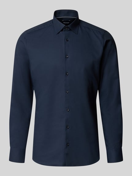 Produktfoto, Slim Fit Businesshemd mit Kentkragen von OLYMP in Dunkelblau, feines Webmuster, Knopfleiste, Manschetten, unifarben, Webware