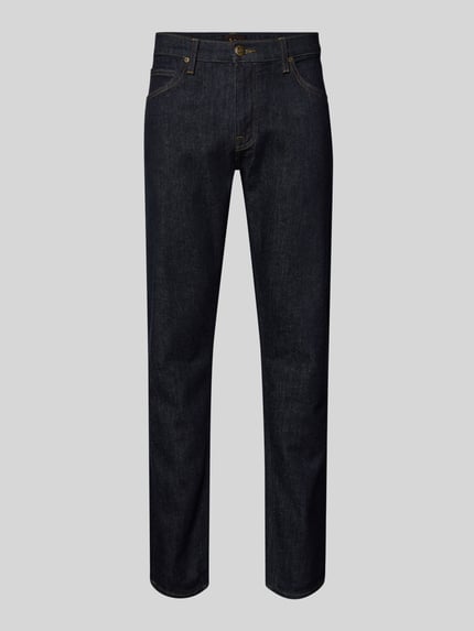 Produktfoto, Slim Fit Jeans im 5-Pocket-Design Modell 'DAREN' von Lee, mieszanka bawełny z dodatkiem streczu, dopasowany krój, kolor ciemnoniebieski, zapięcie na guzik i zamek błyskawiczny, szerokość w rozmiarze 32/32: 43 cm, długość wewnętrzna nogawki: 82 cm