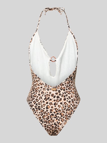 Produktfoto, Neckholder-Badeanzug mit Cut Out Modell 'MIRELO SAVARI' von Banana Moon, Allover-Leoprint, körpernah, Material-Mix