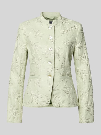 Produktfoto, Slim Fit Blazer mit Stitchings und Stehkragen von WHITE LABEL in hellem Grün mit Knopfleiste und Eingrifftaschen, Rückenlänge 59 cm, Brustweite 47 cm, Ärmellänge 65 cm, florale Struktur und feine Textur.