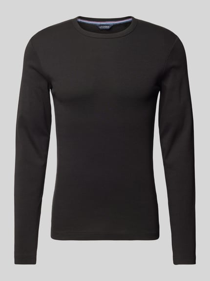 Lindbergh slim fit shirt met lange mouwen met geribde ronde hals Zwart - 2