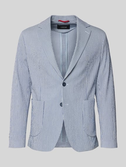 Produktfoto, Regular Fit 2-Knopf-Sakko Modell 'BENITO' von CINQUE im Viskose-Mix mit Stretch-Anteil, feine blaue Streifen, Reverskragen, aufgesetzte Taschen, Rückenlänge 72 cm, Schulterbreite 42 cm, Ärmellänge 64 cm bei Größe 50.