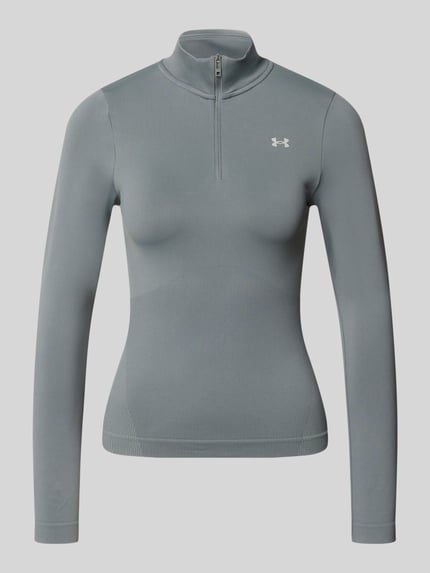 Produktfoto, Bluzka z długim rękawem z stójką i zamkiem błyskawicznym od Under Armour, mieszanka materiałów z dodatkiem streczu, krój slim fit, logo, długość tyłu w rozmiarze S: 52 cm, kolor szary, gładka faktura