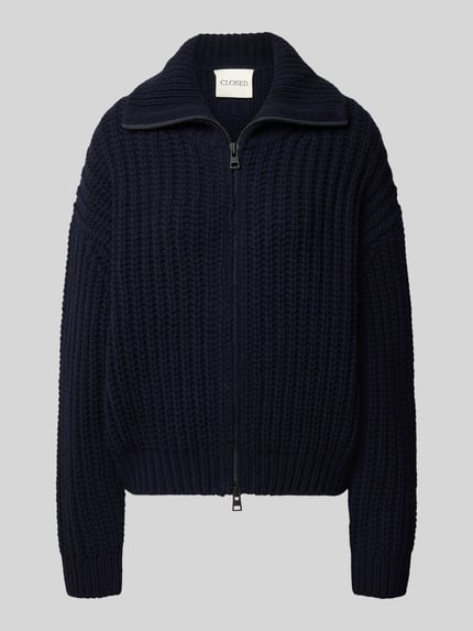 Produktfoto, Strickjacke aus Wolle mit Umlegekragen von Closed, grob gestrickt, dunkelblau, Zweiwege-Reißverschluss, Straight Fit