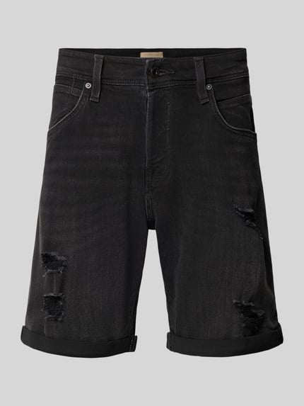 Produktfoto, schwarze Jeansshorts mit Umschlag Modell 'RICK' von Jack & Jones aus Baumwoll-Mix mit Stretch-Anteil, Regular-Fit, dezente Used-Optik