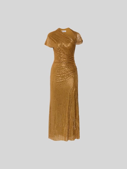 Produktfoto, długa sukienka Maxikleid mit Allover-Ziersteinbesatz von Self-Portrait, złoty kolor, elastyczna mieszanka materiałów, krój slim fit, asymetryczny dekolt, z krótkim rękawem, całkowita długość 140 cm w rozmiarze S, szerokość klatki piersiowej 40 cm w rozmiarze S, szerokość w talii 30 cm w rozmiarze S, błyszcząca tekstura