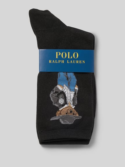 Produktfoto, Socken mit Bärenmotiv von POLO RALPH LAUREN, mehrfarbig, Motiv-Print und Logo auf schwarzem Jersey, glatte Textur