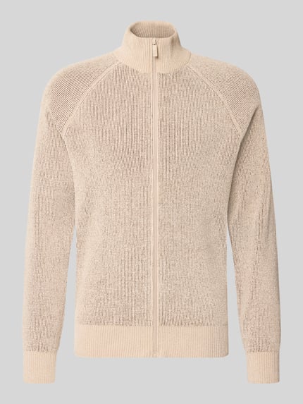 Produktfoto, beige Regular Fit Strickjacke mit Stehkragen Modell 'NASH' von Jake*s Studio Men, grob gestrickte Struktur, helles Design