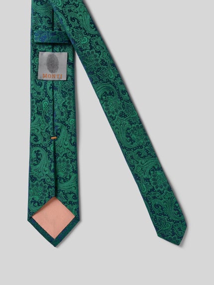 Produktfoto, Seidenkrawatte mit Paisley-Muster von MONTI, Reine Seide, klassische Form, Schlaufe, Label-Detail, 7 cm Breite, grün gemustert