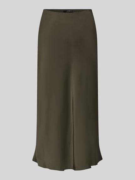 Produktfoto, olivgrüner Midirock aus Satin Modell 'Odini' von someday, glatte Oberfläche, elastischer Bund, gerade Form, Damenmode.