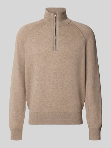 Produktfoto, Pullover aus Wolle mit Troyerkragen Modell 'H-Fabio' von BOSS in unifarbener Strickoptik, Regular Fit, Feinstrick, beiger Farbton