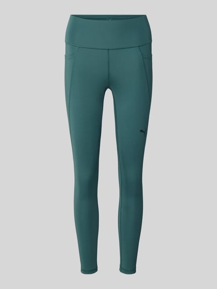 Produktfoto, Skinny Fit Sport-Leggings mit Logo-Print von PUMA, grüne Farbe, glatte Struktur, Damen Sport-Leggings von PUMA Performance