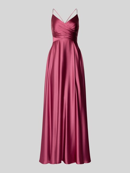 Produktfoto, satynowe Abendkleid in Wickel-Optik von Jake*s Cocktail w kolorze malinoworóżowym, krój slim fit, dekolt V, ramiączka spaghetti, sznurowanie z tyłu, długość maxi, zamek w szwie, długość tyłu w rozmiarze 36: 130 cm, szerokość w rozmiarze 36: 34 cm