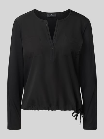 Productfoto, Regular Fit Bluse mit Brusttaschen van monari, zwarte blouse met tuniekhals, siersteentjes, lange mouwen, dames blouse.