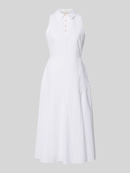 Produktfoto, weißes Midikleid mit Umlegekragen und Knopfleiste aus Material-Mix mit Baumwoll-Anteil, taillierte Passform, Modell 'Meeha' von Ted Baker.