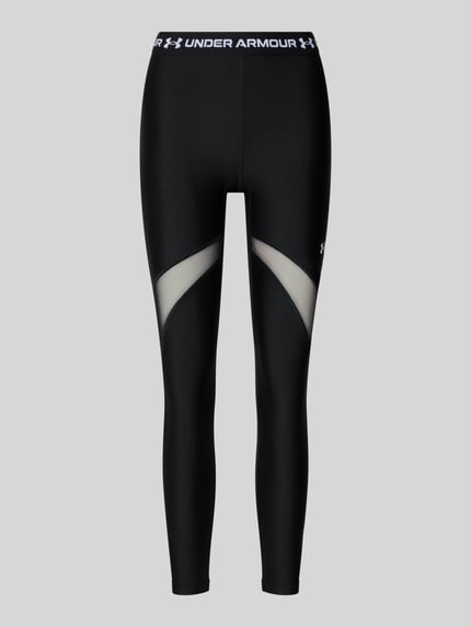 Produktfoto, Leggings mit Mesh-Einsätzen von Under Armour, czarne legginsy z mieszanki materiałów z dodatkiem streczu, dopasowany krój, siateczkowe wstawki, logo, elastyczny pas