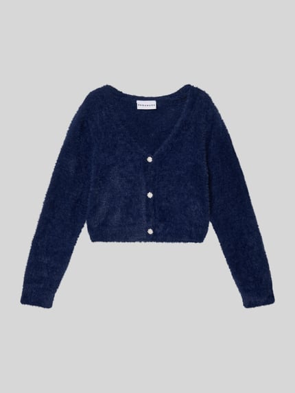 Productfoto, Regular Fit Cardigan met siersteentjes van DANAMADE in gebreide look, V-hals, knoopsluiting, donkerblauw, zachte textuur.