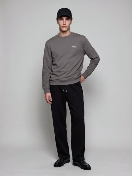 Męski model nosi Regular Fit Sweatshirt aus reiner Baumwolle model 'Nodacrew' od HUGO Blue, bluza szara, spodnie czarne, pełny widok z przodu.