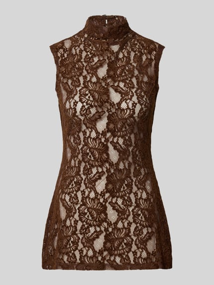 Produktfoto, braunes Damen Top aus Spitze mit Stehkragen, florale Muster, Slim Fit, Modell 'COCO' von Topshop, Rückenlänge 74 cm