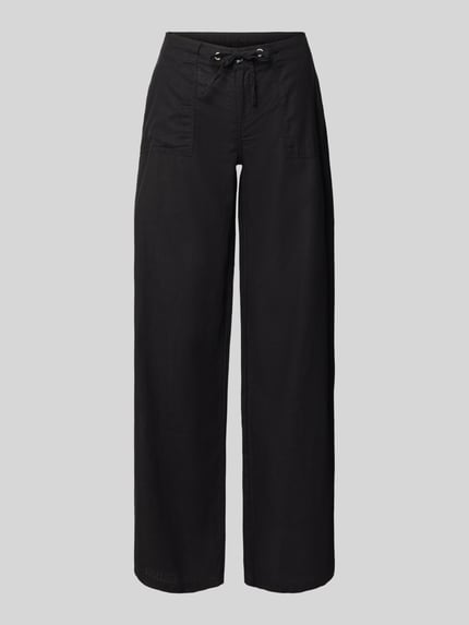 Produktfoto, Mid Waist Hose aus Leinen-Baumwoll-Mix von Gina Tricot, czarny kolor, szeroka nogawka, kieszenie, tunel w pasie, Szerokość w rozmiarze 36: 40 cm, długość nogawki od wewnątrz: 78 cm