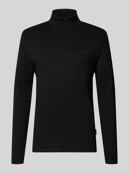 Produktfoto, zwart shirt met lange mouwen Longsleeve met Rollkragen van HECHTER PARIS, puur katoen, recht model, col, labeldetail, ruglengte maat M 72 cm