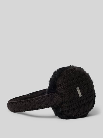 Produktfoto, dunkelbrauner Ohrenwärmer mit Kunstfellbesatz Modell 'Monique' von Barts, grobe Strickstruktur, Damen Mütze von Barts
