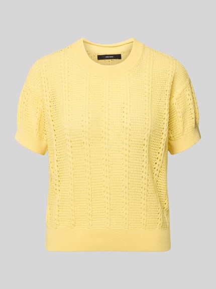 Produktfoto, Relaxed Fit Strick-Shirt aus Baumwoll-Mix Modell 'LUX LIGHT' von Vero Moda, jednokolorowy, ażurowy wzór, okrągły dekolt, krótki rękaw, wykończenie prążkowane, mieszanka bawełny
