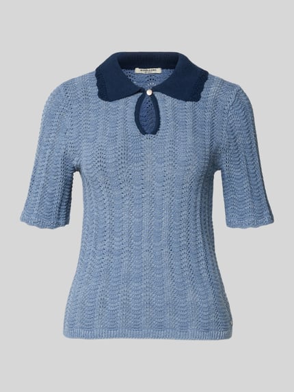 Produktfoto, Strickshirt mit Umlegekragen und Schlüsselloch-Ausschnitt von Scotch & Soda, Damen, Baumwoll-Mix, Slim-Fit, 1/2-Arm, blau, strukturierte Oberfläche