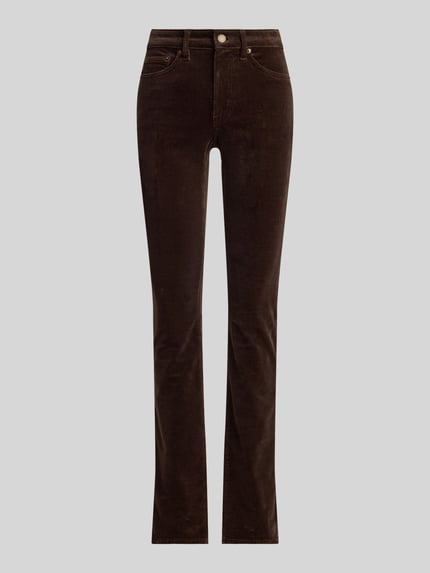 Produktfoto, braune Straight Leg Hose aus Baumwollmix von LAUREN RALPH LAUREN, unifarben, 5-Pocket-Design, metallische Akzente, glatte Struktur