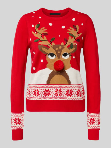 VERO MODA Sweter świąteczny o kroju regular fit z pomponem model ‘FROSTYDEER’ Czerwony 2
