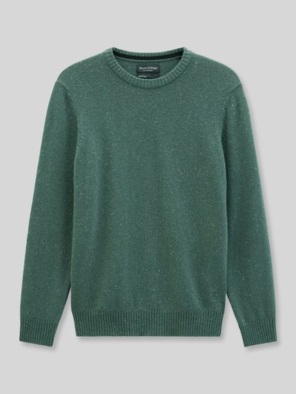 Produktfoto, Pullover mit Logo-Detail von MARC O'POLO in melierter Strickoptik, grüne Struktur, Regular Fit, Rundhals, langarm, gerippte Abschlüsse