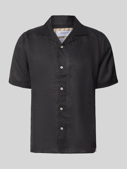 Productfoto, Modern Fit Freizeithemd aus Leinen Modell 'CAMICIA' van MARKUP, zwart, kentkraag, knoopsluiting, puur linnen, heren casual shirt, ruglengte 74 cm, schouderbreedte 43 cm, mouwlengte 26 cm