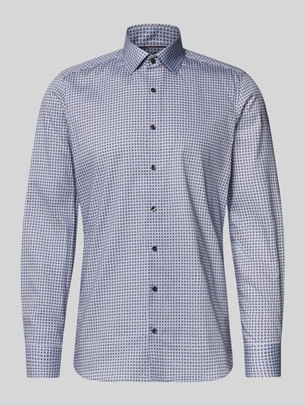 Produktfoto, Slim Fit Bsuinesshemd aus Baumwolle mit Kentkragen von OLYMP Level Five, weiß-blaues Muster, Knopfleiste, glatte Textur