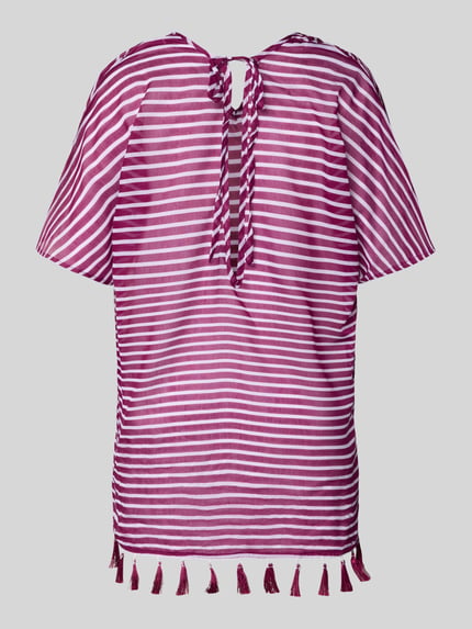 Productfoto, Tunika met V-hals en pompons van VENICE BEACH in relaxed fit, all-over look, strepen in paars en wit, lichte textuur.