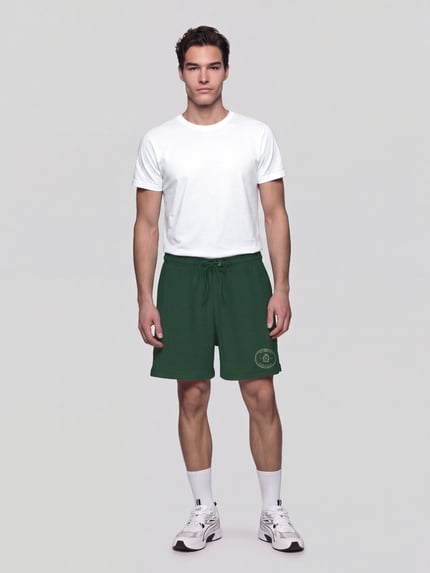 Mężczyzna nosi Regular Fit Sweatshorts aus Baumwoll-Mix von Nike, zielony kolor, prosta tekstura, Ganzkörperansicht von vorne.