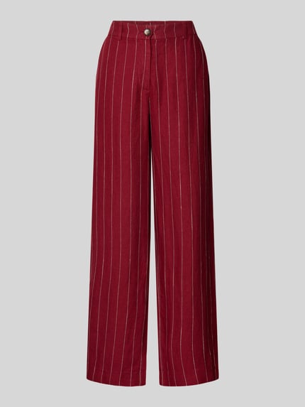 Produktfoto, Wide Fit Leinenhose mit Viskose-Anteil Modell 'Claritte' von MSCH Copenhagen, Leinen-Mix, rot mit weißen Streifen, Eingriffstaschen und Gesäßtaschen, Bundweite 37 cm, Innenbeinlänge 81 cm, für Damen