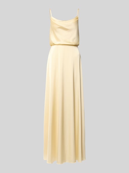 Produktfoto, Abendkleid aus Satin mit Spaghettiträgern von Hey Kyla in hellem Gelb, taillierte Passform, glatte Textur, Reißverschluss hinten