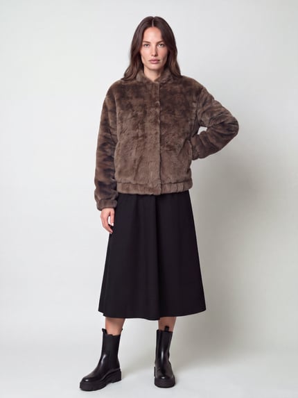 Jake*s Casual Webpelzjacke mit verdecktem Druckknopfverschluss Dunkelbraun 1