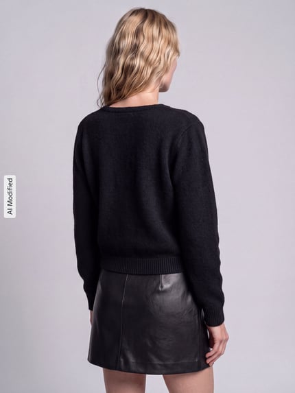 Frauenmodel trägt Relaxed Fit Strickjacke mit Wool-Anteil Modell 'LIVA' von ONLY, schwarze Farbe, Damen Strickjacke, Ganzkörperansicht Rückansicht, KI-modifiziertes Bild.
