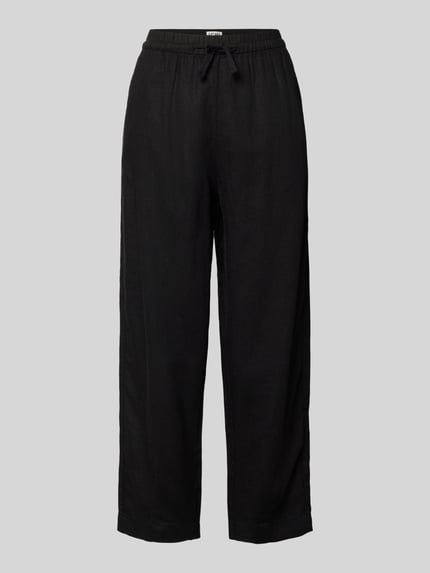 Produktfoto, Leinenhose mit Eingrifftaschen Modell 'LINNO' von ICHI, aus Leinen-Viskose-Mix, schwarze Stoffhose, elastischer Bund mit Kordelzug, Barrel Fit, klare Linien, glatte Textur, Bundweite 39 cm, Innenbeinlänge 64 cm bei Größe 36.