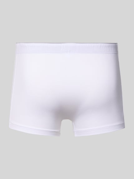 Produktfoto, Boxershorts mit elastischem Bund von Hanro, weiß, Baumwoll-Elasthan-Mix, körpernaher Schnitt, glatte Textur, Rückansicht.