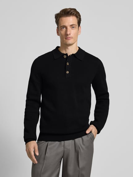 Casual Friday Sweter z dzianiny z kołnierzykiem polo model ‘ABEL’ Czarny 4