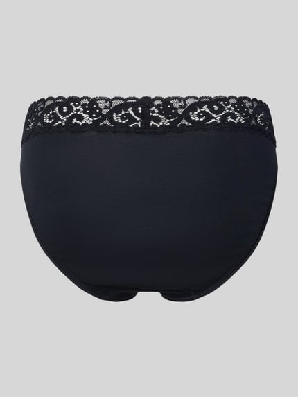 Productfoto, zwarte Dames slip met kantdetails, puur katoen, nauwsluitende pasvorm, elastische band, Slip met Spitze Model 'MOMENTS' van Hanro
