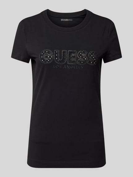 GUESS T-Shirt mit Label-Stitching und Ziersteinbesatz Black 2