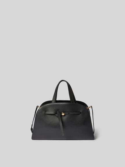 Produktfoto, Crossbody Bag mit Karabinerverschluss von Tory Burch aus schwarzem, glattem Leder, goldene Details, kurze Henkel, abnehmbarer Schulterriemen, Label-Detail, sichtbares Hauptfach mit Karabinerverschluss und Innenfach mit Reißverschluss, Maße: 35 x 24 x 13 cm