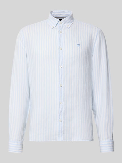 Produktfoto, Regular Fit Leinenhemd von BOSS in Two-Tone-Optik mit Logo-Stitching und Button-Down-Kragen, weiße und blaue Streifen