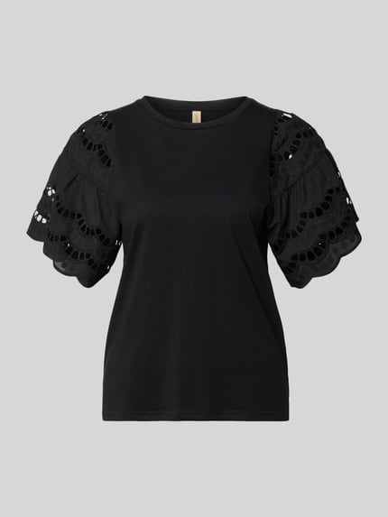Produktfoto, T-Shirt mit Lochstickerei Modell 'LORAINE' von Soyaconcept, Damen T-Shirt aus Reine Baumwolle, Regular-Fit, Rundhalsausschnitt, Farbe Schwarz