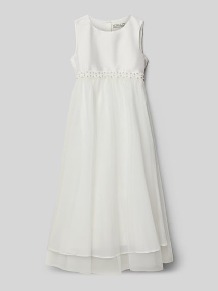 Produktfoto, Regular Fit Kleid mit Zierbesatz von Une Hautre Couture aus Baumwoll-Mix, ärmelloses Design, Rundhalsbesatz, blickdichter Unterrock, Zierschleife und Knopfleiste, Länge 102 cm bei Größe 134, weiß mit transparenter Optik und feiner Textur.